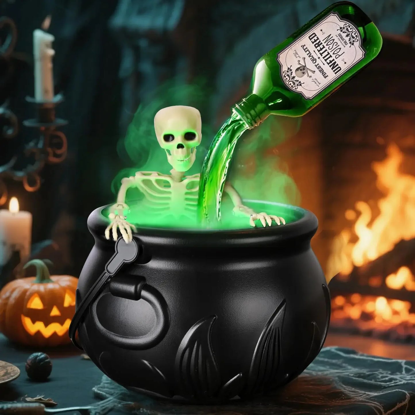 Halloween WitchCauldron with LED Light & Fog Mist Maker Skeleton