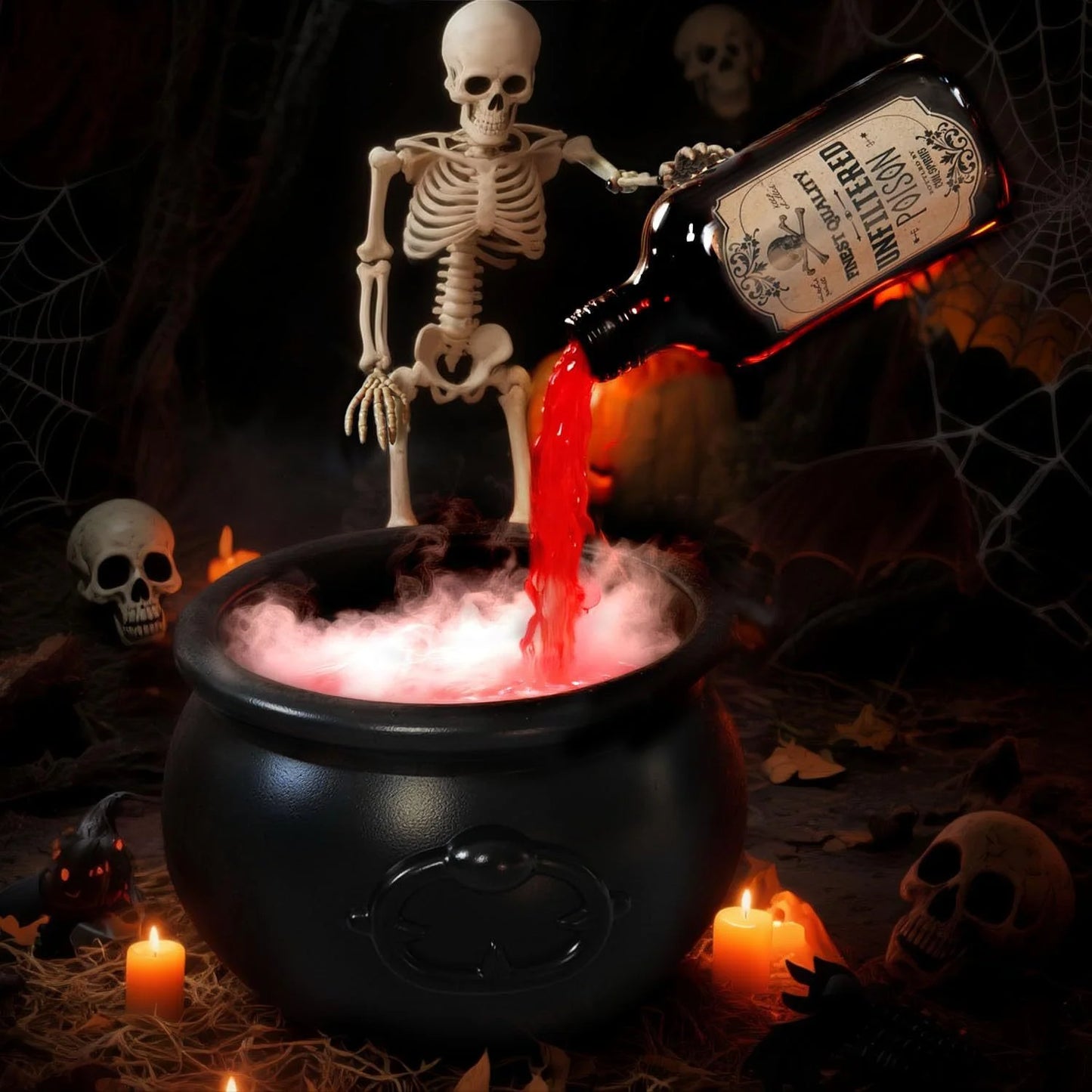 Halloween WitchCauldron with LED Light & Fog Mist Maker Skeleton