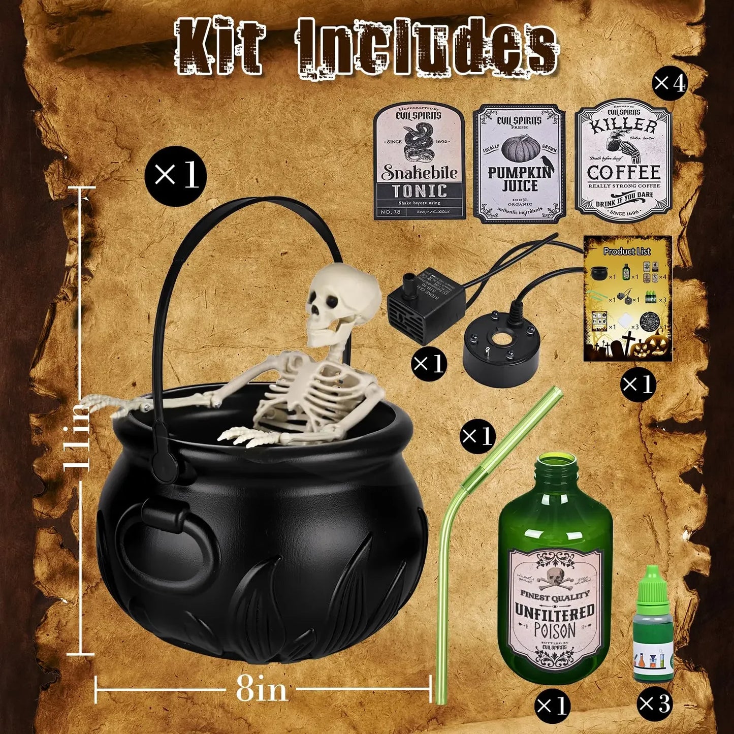 Halloween WitchCauldron with LED Light & Fog Mist Maker Skeleton