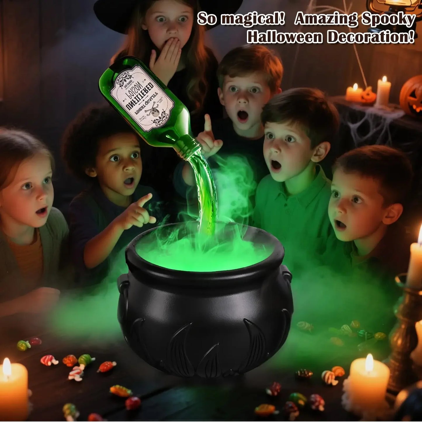 Halloween WitchCauldron with LED Light & Fog Mist Maker Skeleton